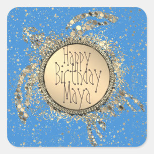 Glittery Gold Turtle on Blue Birthday Quadratischer Aufkleber