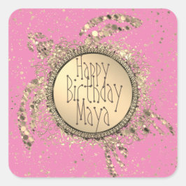 Glittery Gold Turtle on Pink Birthday Quadratischer Aufkleber