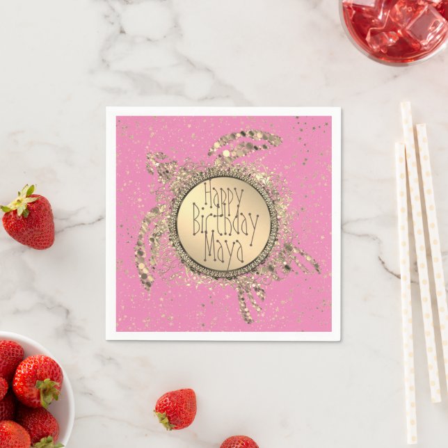 Glittery Gold Turtle on Pink Birthday Serviette (Beispiel)