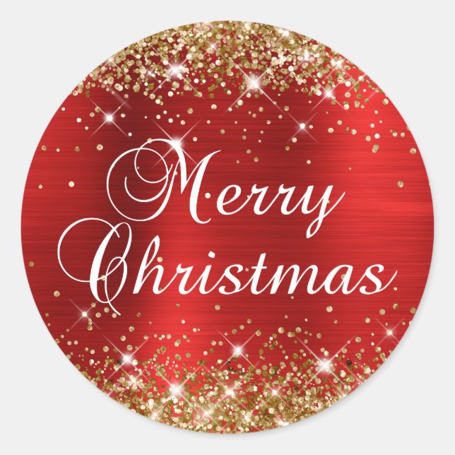 Glittery Gold und Red Foil Frohe Weihnachten Runder Aufkleber (Vorderseite)