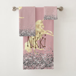 Glittery Gold Unicorn Personalisiert Badhandtuch Set