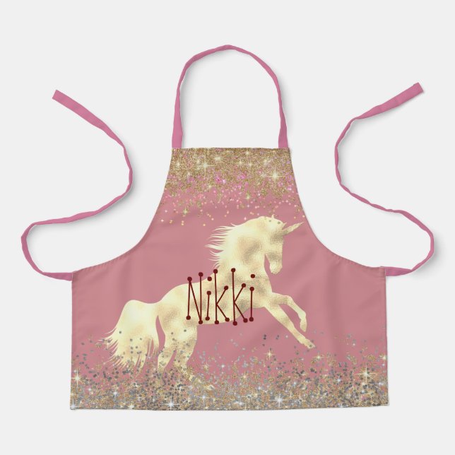 Glittery Gold Unicoron auf rosa Personalisiert Schürze (Vorderseite)