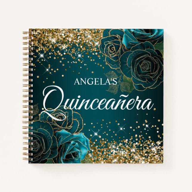 Glittery Gold Vintage Aquamarine Rose Quinceanera  Notizbuch (Vorderseite)