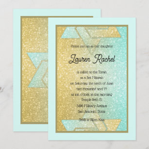 Glittery Gradient Bat Mitzvah Aqua Gold Einladung