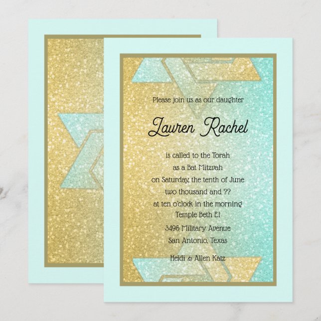 Glittery Gradient Bat mitzvah Aqua Gold Invitation (Devant / Derrière)