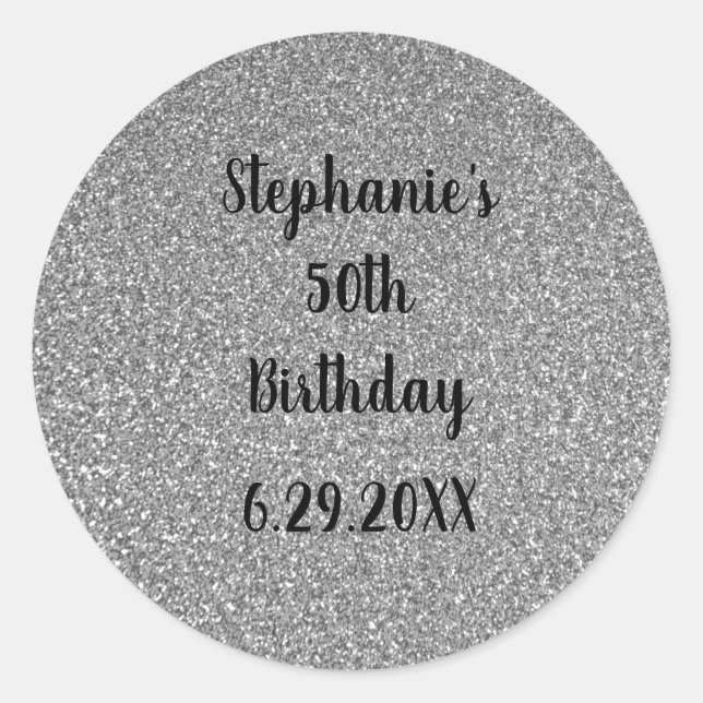 Glittery Gray Silver Custom Happy Birthday Name Runder Aufkleber (Vorderseite)