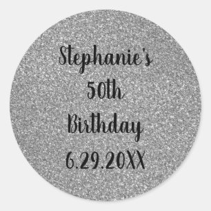 Glittery Gray Silver Happy Birthday Name Custom Runder Aufkleber