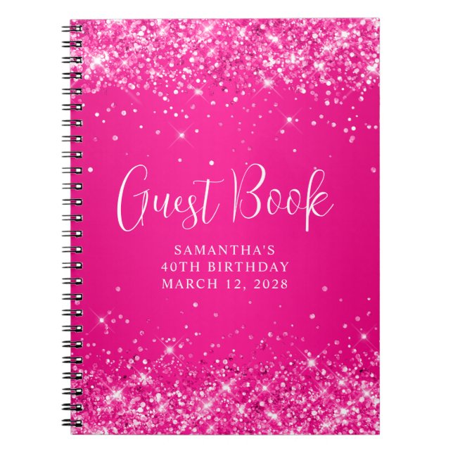 Glittery Hot Pink Ombre 40th Birthday Guest Notizblock (Vorderseite)