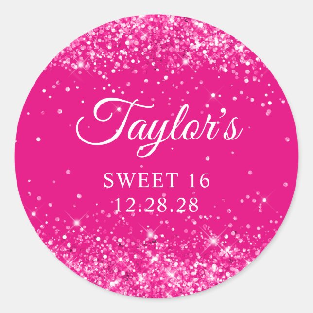 Glittery Hot Pink Sweet 16 Runder Aufkleber (Vorderseite)