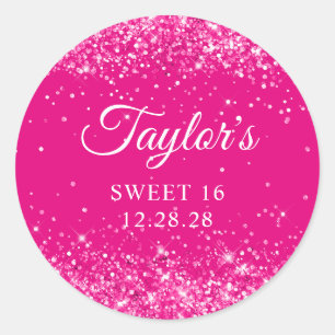 Glittery Hot Pink Sweet 16 Runder Aufkleber