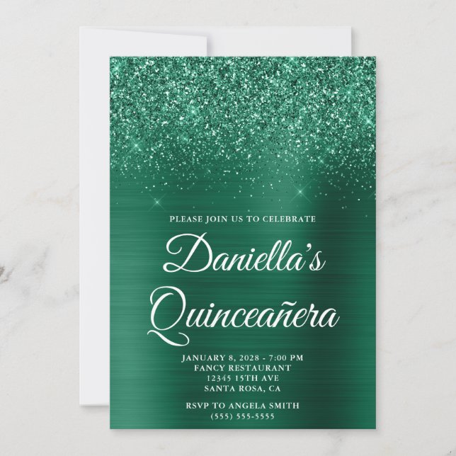 Glittery Hunter Green Foil Quinceañera Einladung (Vorderseite)