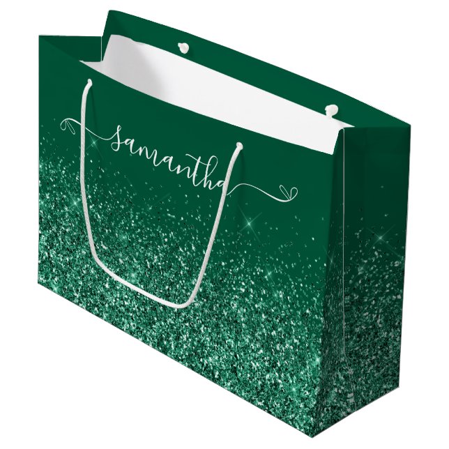 Glittery Hunter Green Niedlich Bow Signature Name Große Geschenktüte (Vorderseite Schrägansicht)