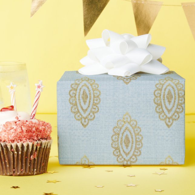Glittery Ikat Medallion - Sky Blue & Gold Geschenkpapier (Geburtstagsparty)