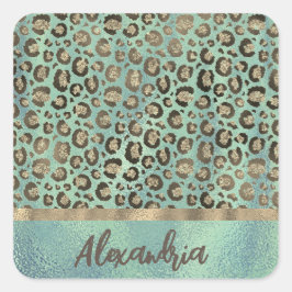 Glittery Leopard Print auf Green Personalisiert Quadratischer Aufkleber