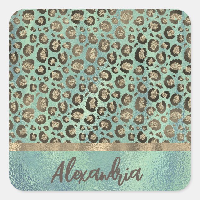 Glittery Leopard Print auf Green Personalisiert Quadratischer Aufkleber (Vorderseite)