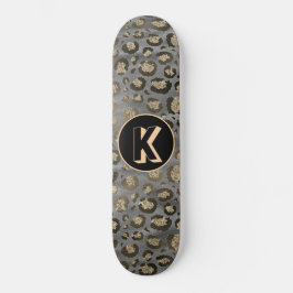 Glittery Leopard Print on Glossy Gray Monogram Skateboard