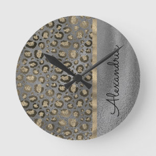Glittery Leopard Print on Glossy Grey Runde Wanduhr