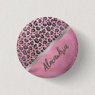 Glittery Leopard Print on Glossy Hot Pink Button