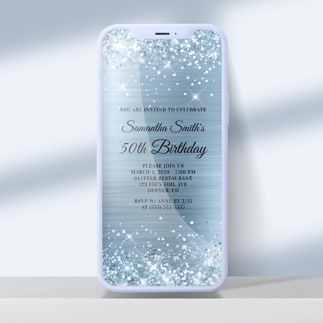 Glittery Light Blue Foil 50. Geburtstag Einladung (Von Creator hochgeladen)