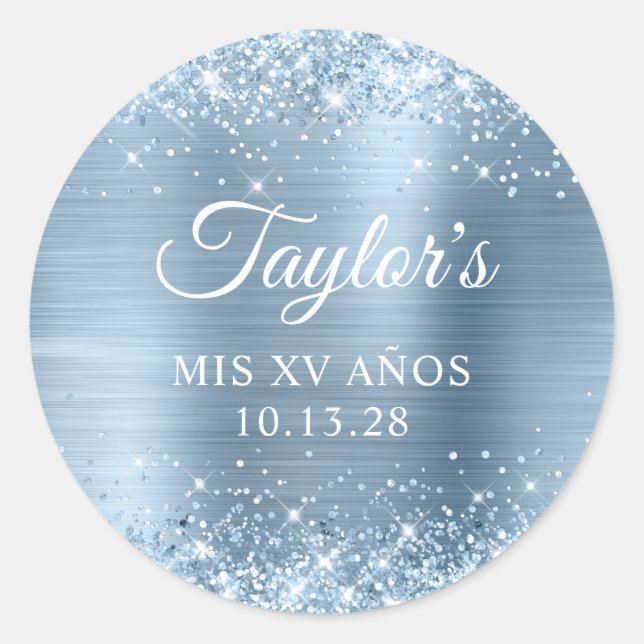 Glittery Light Blue Foil Mis XV Anos Runder Aufkleber (Vorderseite)