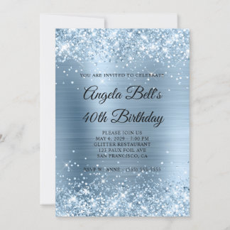 Glittery Light Blue Foil Monogram 40. Geburtstag Einladung