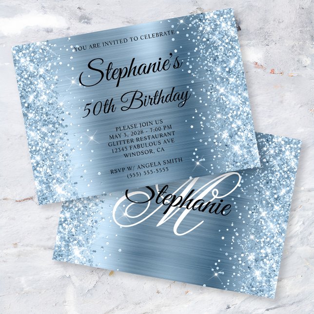 Glittery Light Blue Foil Monogram 50. Geburtstag Einladung (Horizontal 5x7 Invite)