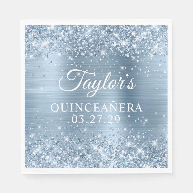 Glittery Light Blue Foil Quinceanera Serviette (Vorderseite)
