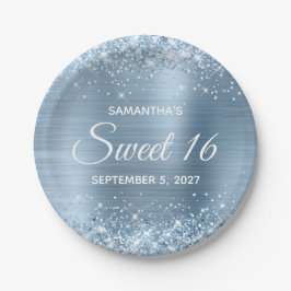 Glittery Light Blue Foil Sweet 16 Pappteller