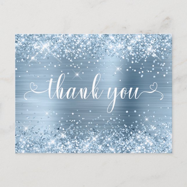 Glittery Light Blue Sweet 16 Herzen Vielen Dank Postkarte (Vorderseite)
