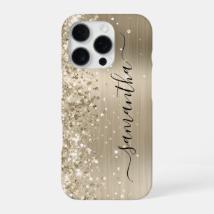 Glittery Light Gold Metallic Girly Signature iPhone 16 Pro Hülle