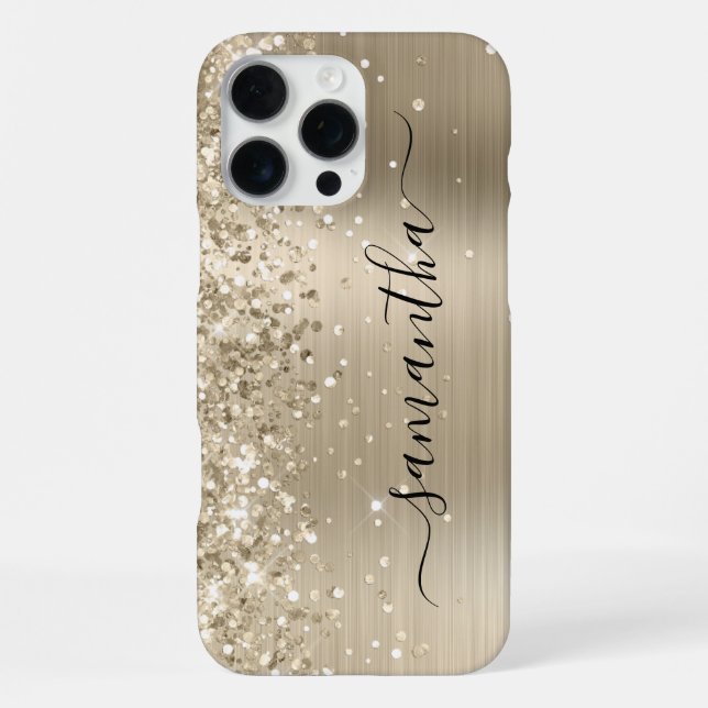 Glittery Light Gold Metallic Girly Signature iPhone 16 Pro Max Hülle (Rückseite)
