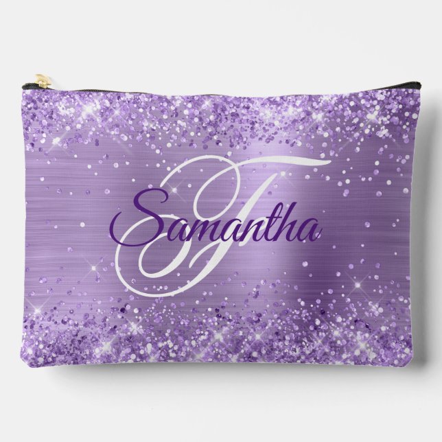 Glittery Light Lila Foil Extravagant Monogram Zubehörtasche (Vorderseite)