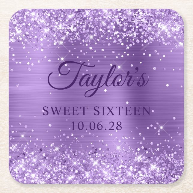 Glittery Light Lila Foil Sweet 16 Rechteckiger Pappuntersetzer (Vorderseite)
