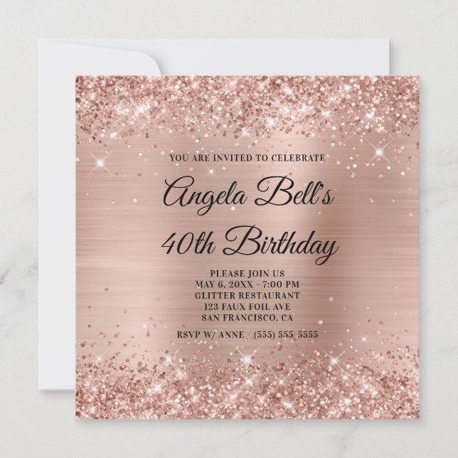 Glittery Light Rose Gold Foil Extravagant Monogram Einladung (Vorderseite)