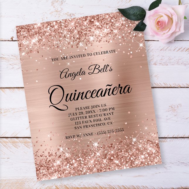 Glittery Light Rose Gold Quinceañera Paper Flyer (Von Creator hochgeladen)