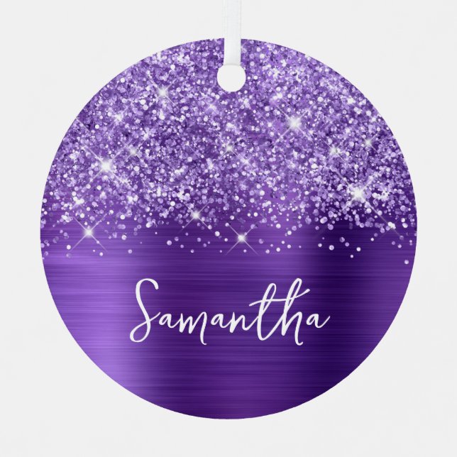 Glittery Lila Amethyst Glam Name Ornament Aus Metall (Vorderseite)