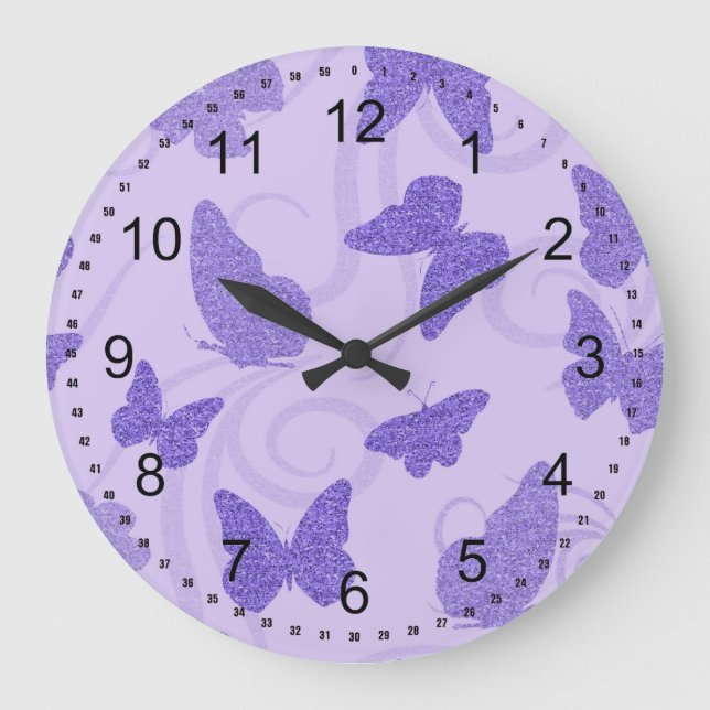 Glittery Lilac Butterflies Große Wanduhr (Vorderseite)