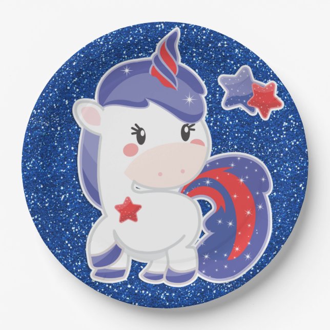 Glittery magisches 4. der Juli-Einhorn-Feier Pappteller (Vorderseite)