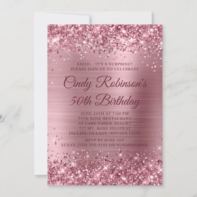 Glittery Medium Pink Foil Überraschung 50. Geburts Einladung (Vorderseite)