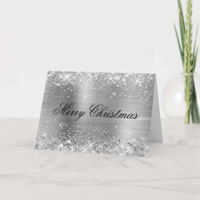 Glittery Metallic Silver Family Photo Karte (Vorderseite)
