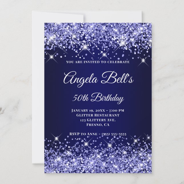 Glittery Navy Blue Ombre Extravagant Monogram Einladung (Vorderseite)