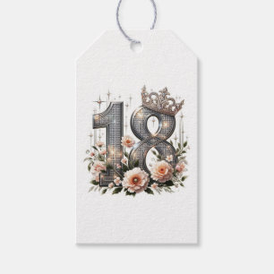 Glittery Number 18 mit Tiara und Blume Geschenkanhänger