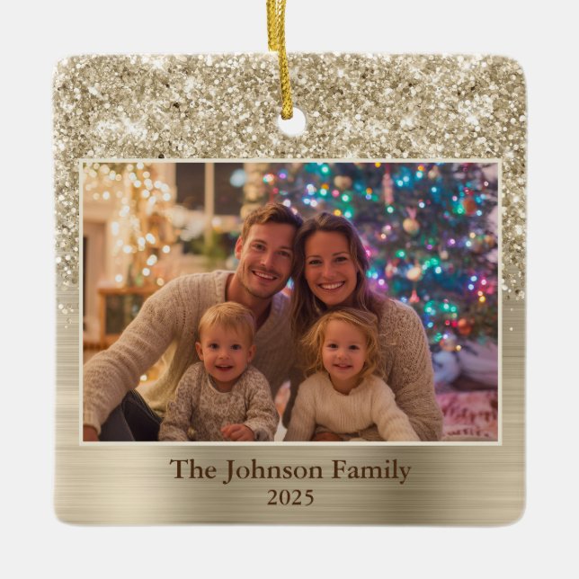 Glittery Pale Gold Glam Family Photo Keramikornament (Vorderseite)