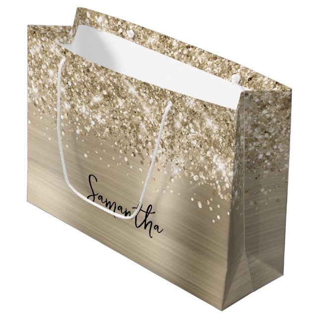 Glittery Pale Gold Glam Name Große Geschenktüte (Vorderseite Schrägansicht)
