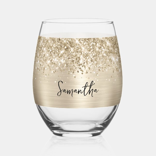 Glittery Pale Gold Glam Name Weinglas Ohne Stiel (Vorderseite)