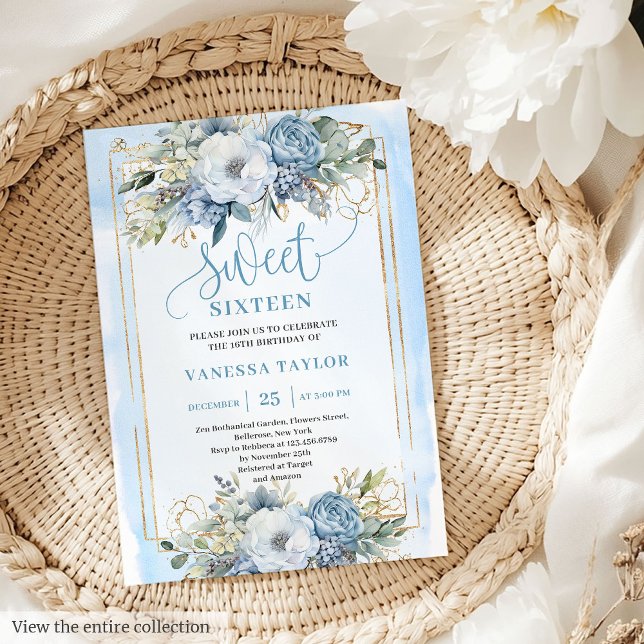 Glittery Pastel Blue White Peonies Sweet 16 Einlad Einladung (Glittery Pastel Blue White Peonies Sweet 16 Invitation)