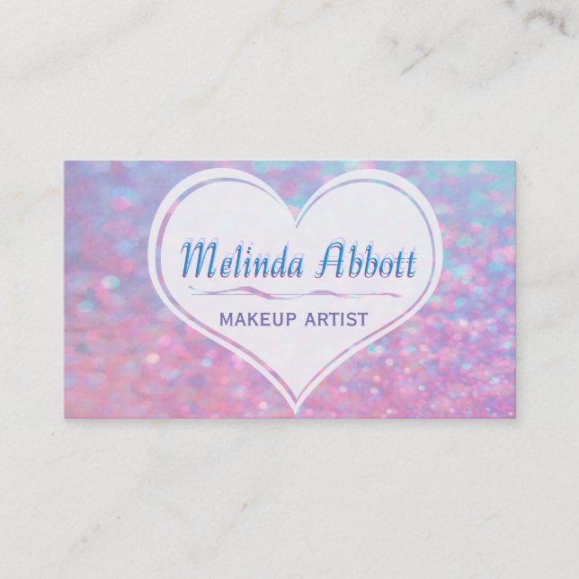 Glittery Pastellblaues und rosa mit Herzen Visitenkarte (Vorderseite)