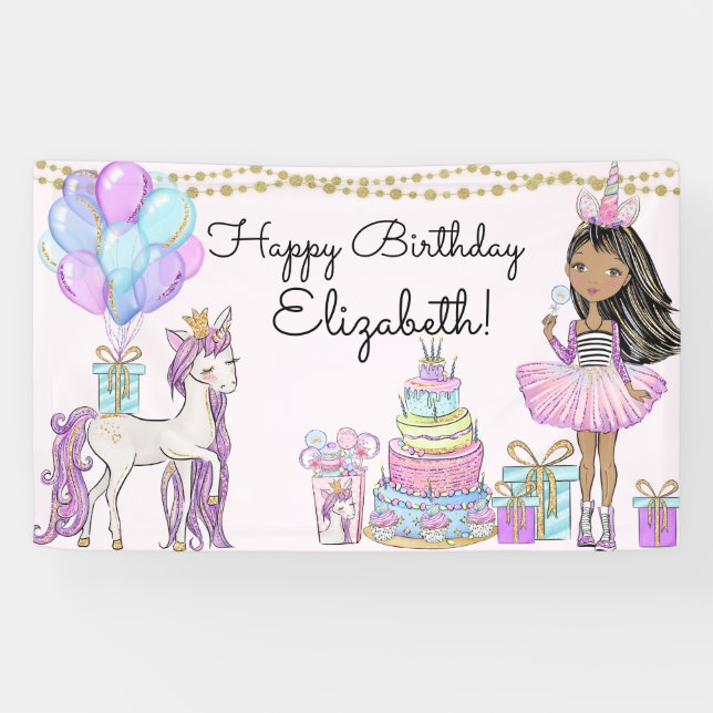 Glittery Pink Birthday Girl Unicorn Glam Banner (Horizontal)