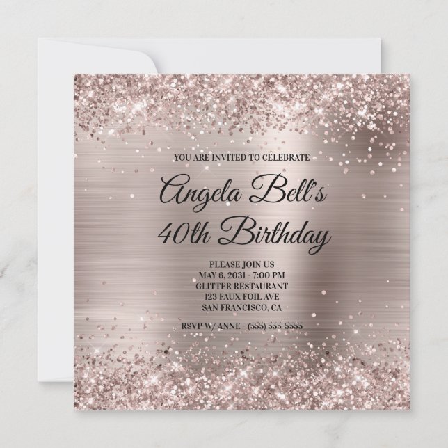 Glittery Pink Champagne Faux Foil 40th Birthday Einladung (Vorderseite)