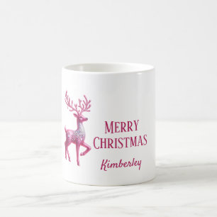 Glittery Pink Deer Frohe Weihnachtsnamen Tasse